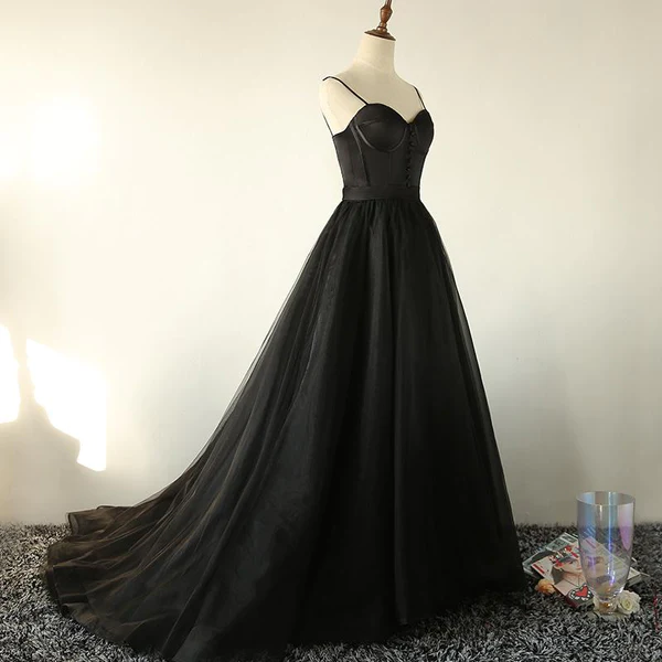 Ball Gown Spaghetti Straps Black Tulle Prom Dress Long Brush/Sweep Train Prom Dress