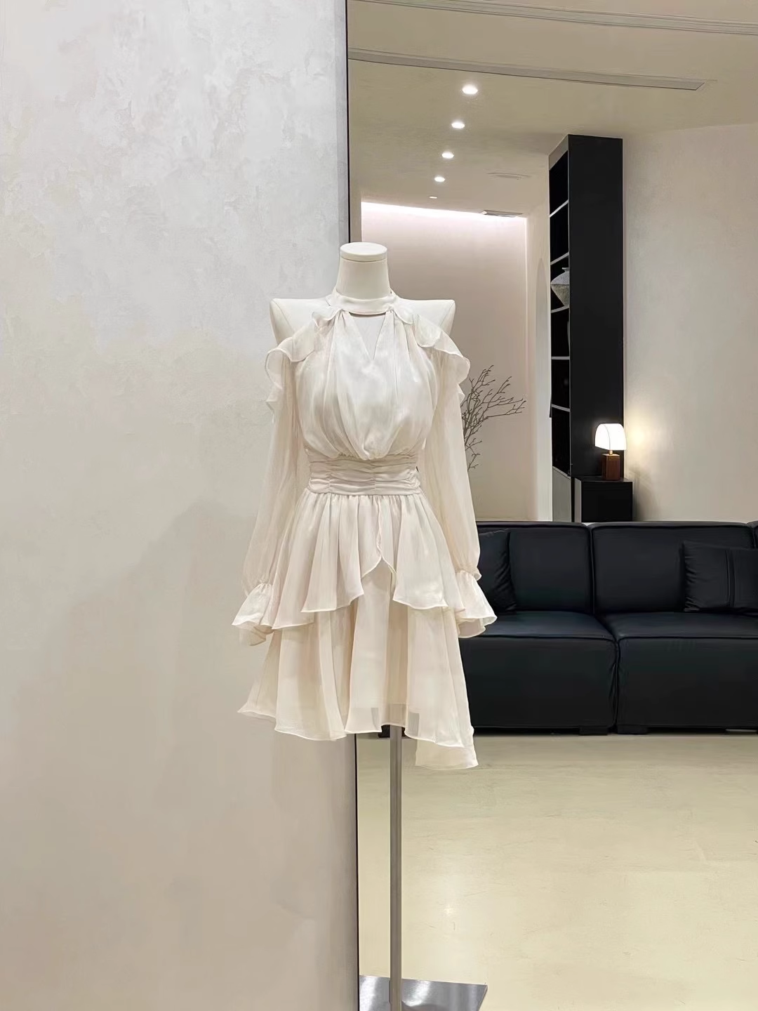 Cute A line High Neckline Ruffled Cake Dress Short Women's Long Sleeve Women Dresses