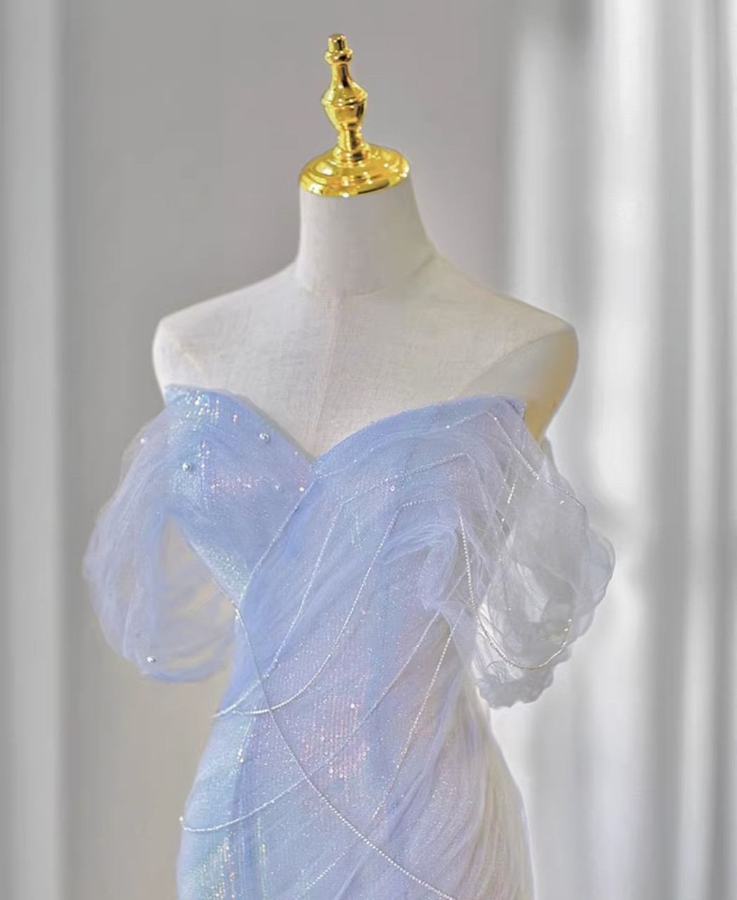 Glitter Mermaid Sequins Tulle Pleats Prom Dress Party Evening Dress