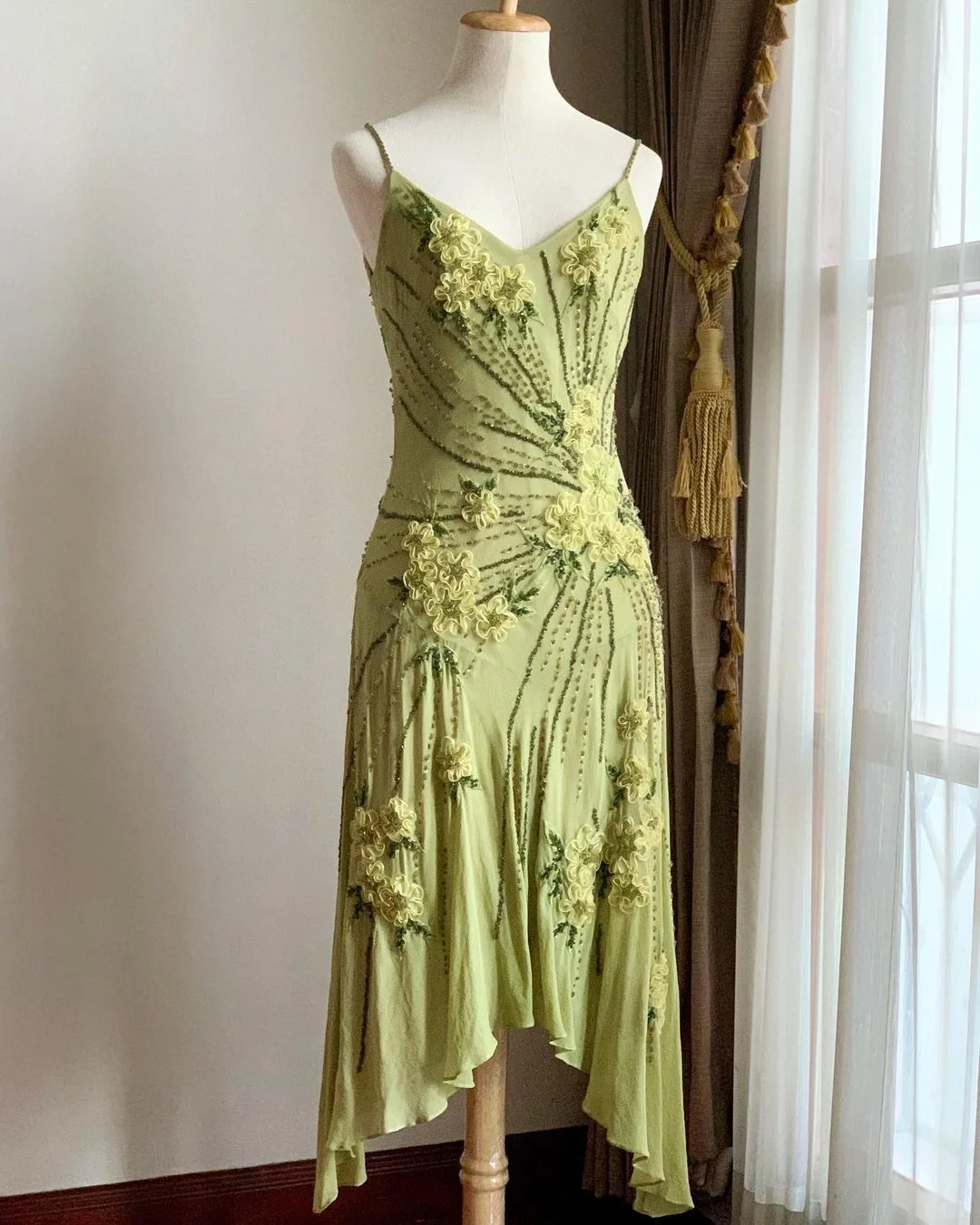 Pretty Green Spaghetti Straps Chiffon Beaded Mermaid Party Dress Long Evening Dress