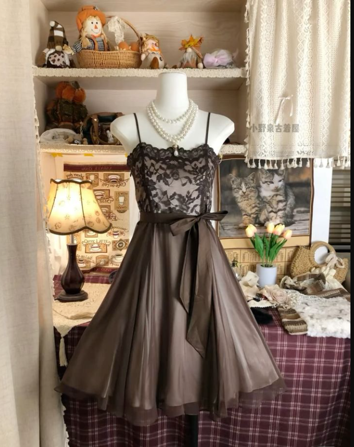 Vintage Satin Lace A Line Short Party Dress Brown Homecoming Dress