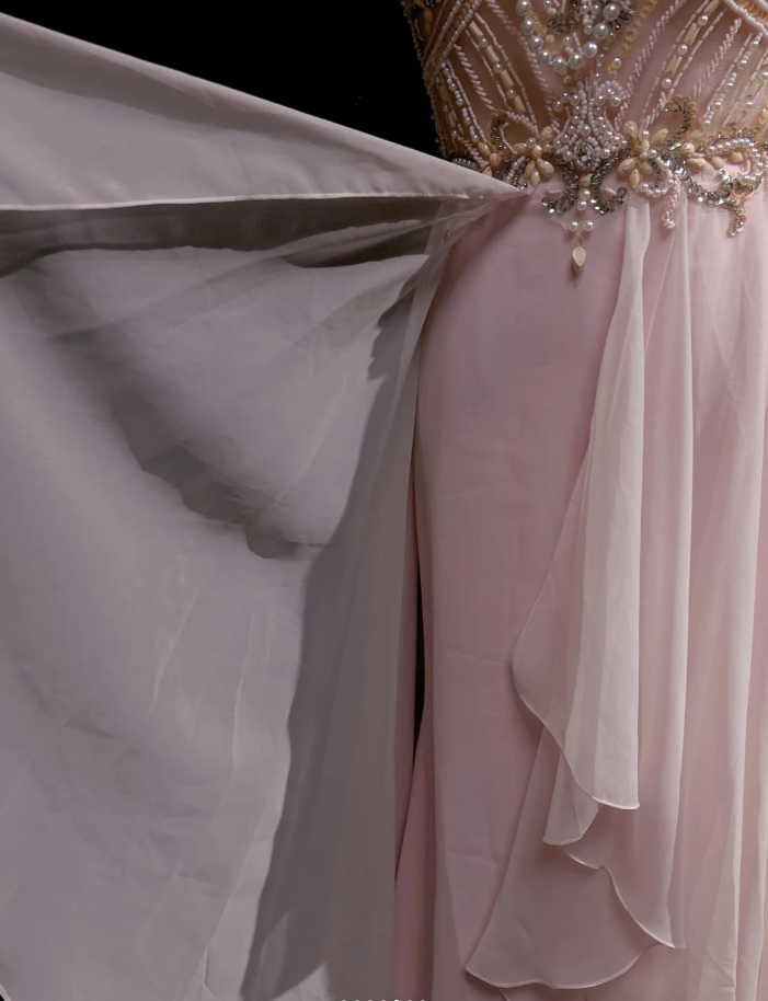 Classy Halter Chiffon Beaded Mermaid Formal Wedding Guest Dress Pink Long Evening Dress Party Dress