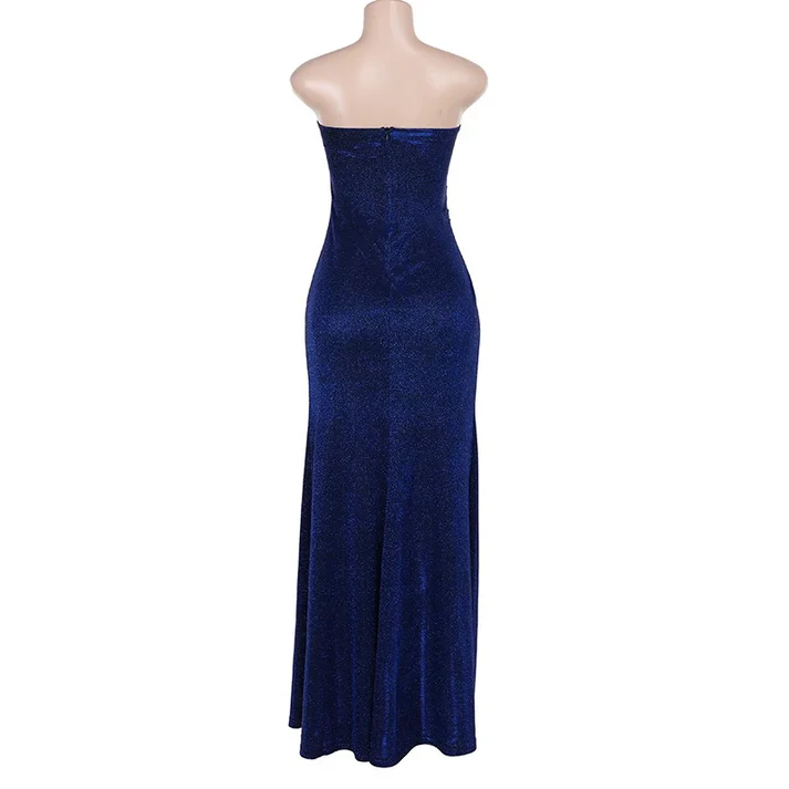 Vintage Blue Sheath Slit Evening Gown Strapless Prom Party Dress