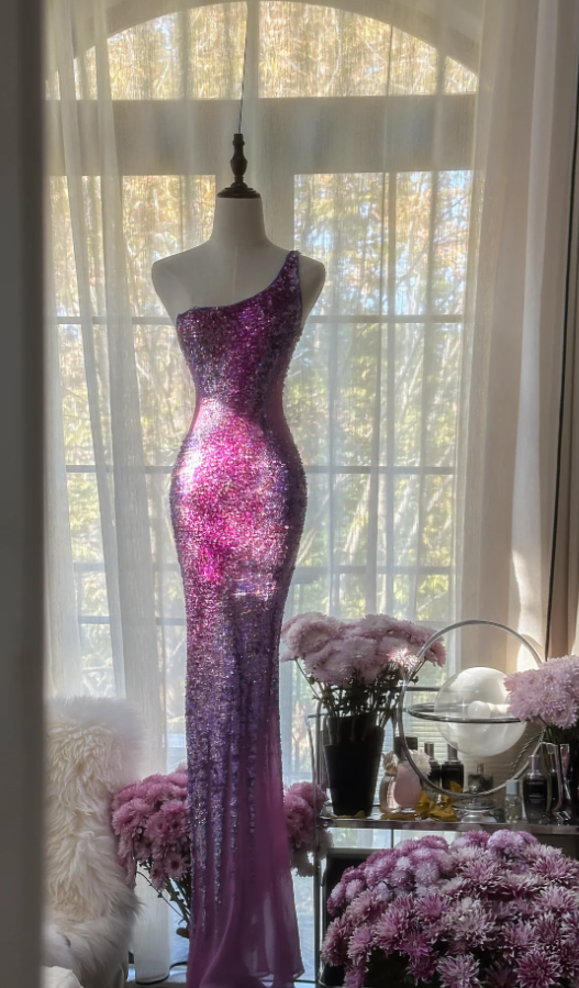 Glamorous Ombre Purple One Shoulder Chiffon Sequin Beaded Mermaid Long Evening Dress Birthday Party Dress
