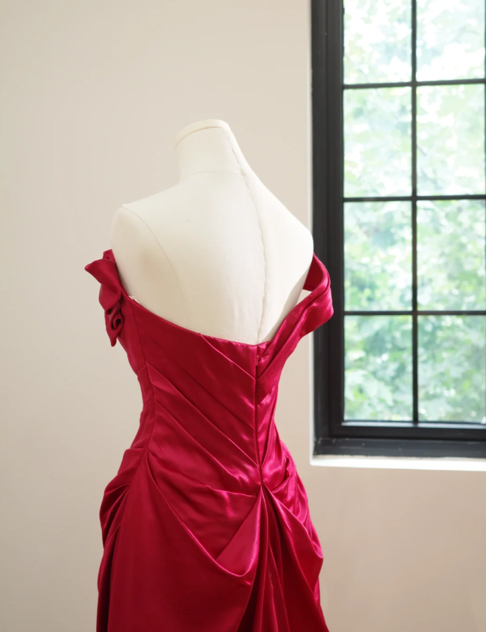 Pretty One Shoulder Red Satin Pleated Long Wedding Guest Dress Formal Birthday Party Dress