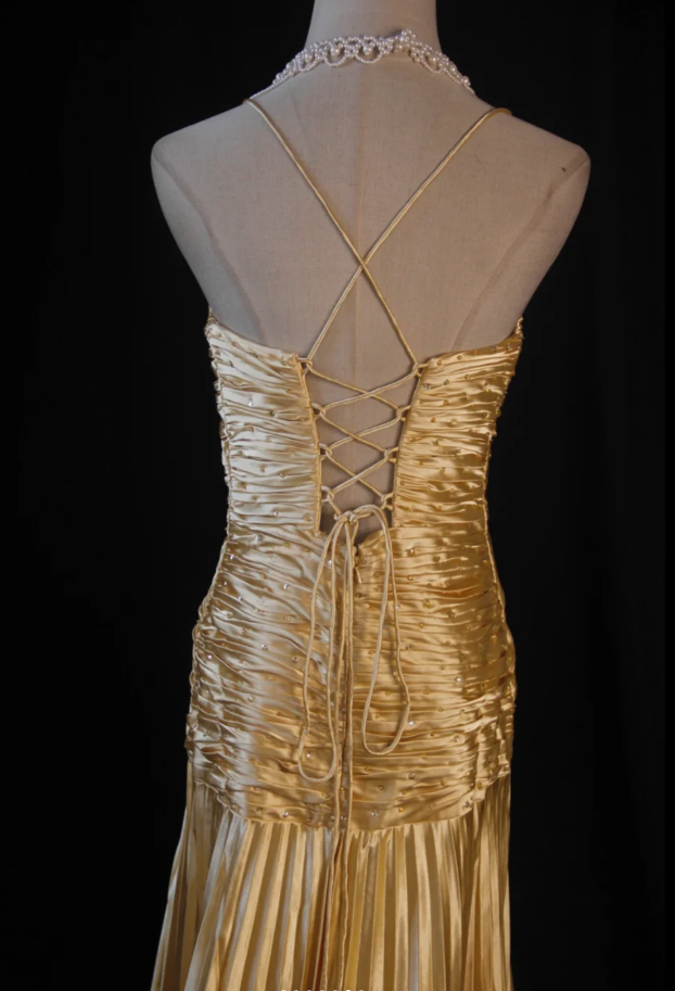 Stylish Spaghetti Straps Gold V Neck Satin Pleated Beaded Long Party Dress Formal Wedding Guest Dress