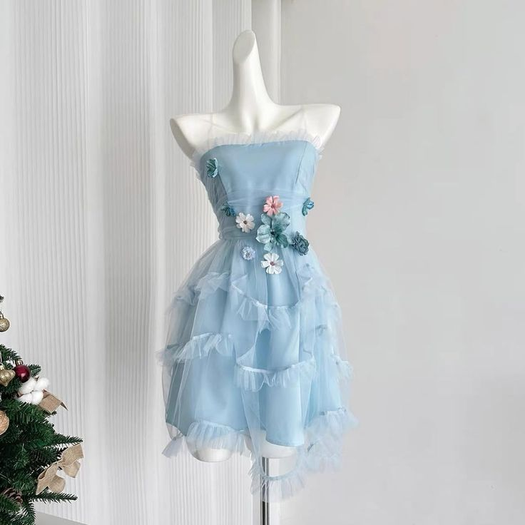 Beautiful Strapless Blue Tulle Flowers Women Dress Short A Line Travel Vacation Dress