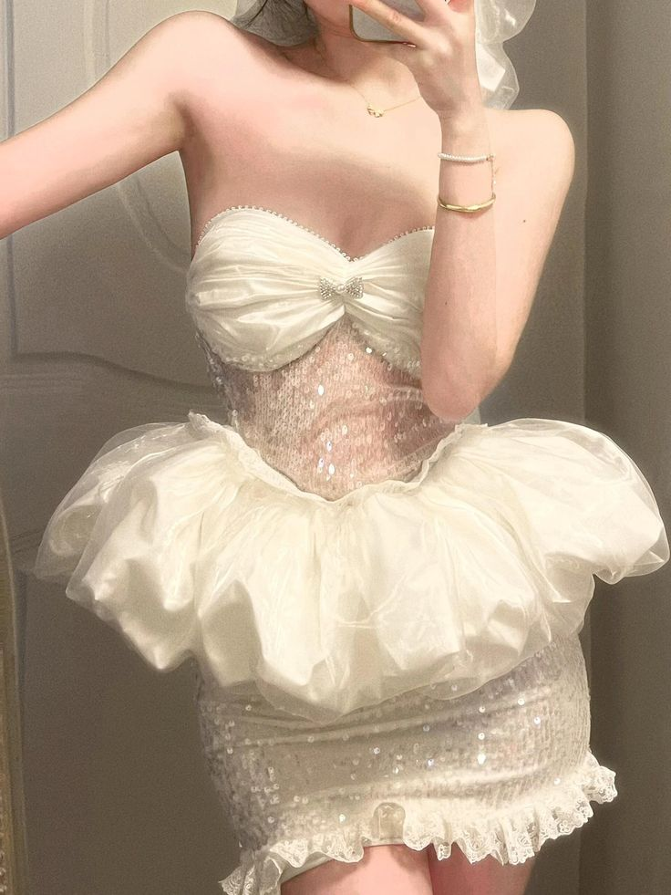 Classy Strapless Tulle Sequin White Sheath Short Prom Dress 16th Birthday Outfits