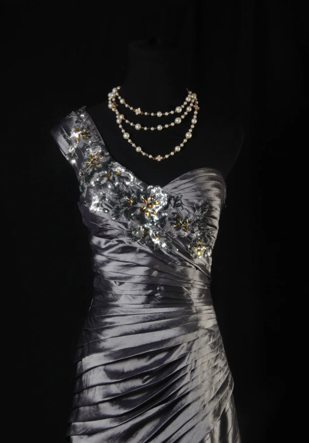 Fashion One Shoulder Satin Pleated Mermaid Long Party Dress Gray Birthday Prom Dress With Sequins