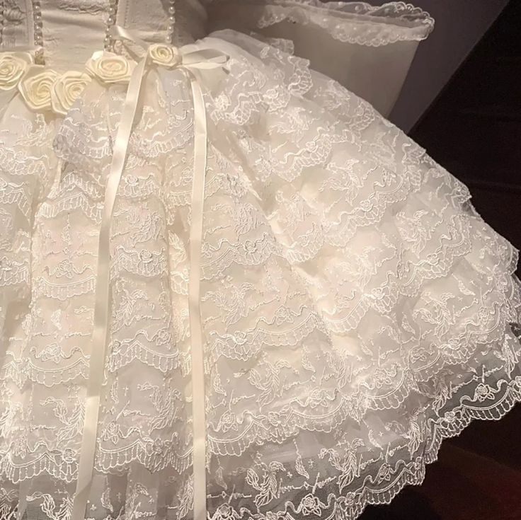 Classy Beige Floral Design Lace Layered Princess Birthday Dress With Big Bow