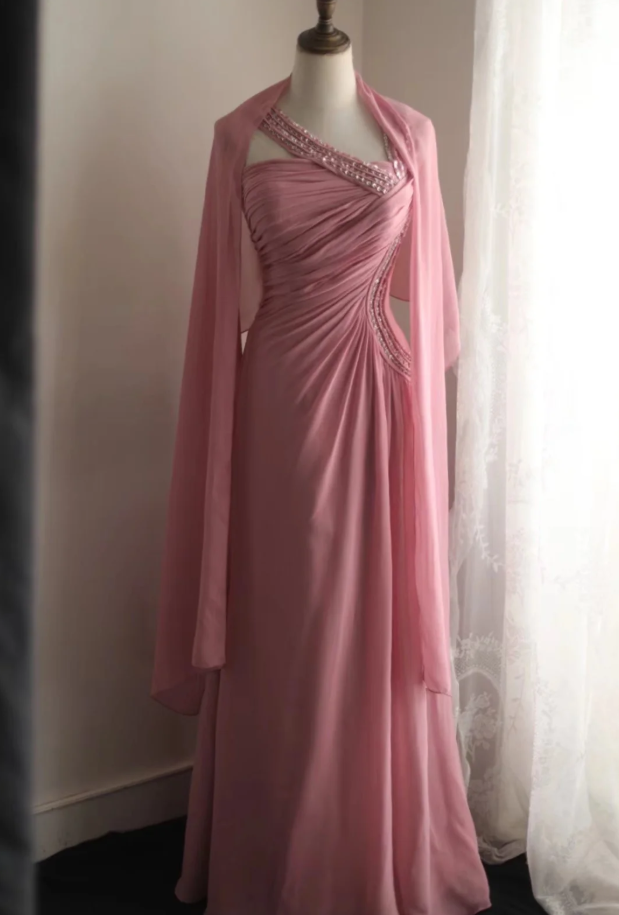 Pretty Pink Chiffon Beaded Mermaid Long Party Dress Evening Gown