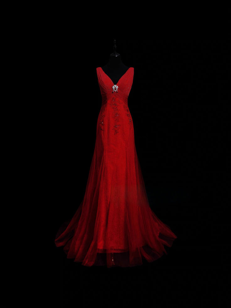 Charming Red V Neck Satin Tulle Mermaid Evening Dress Long Prom Dress