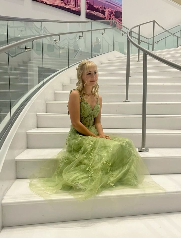 Classy Spaghetti Strap Green Tulle Appliques A Line Long Evening Dress Formal Birthday Evening Dress