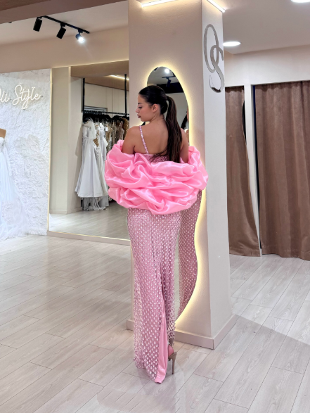 Gorgeous Spaghetti Straps Pink Sequin Beaded Mermaid Evening Dress Long Party Dress