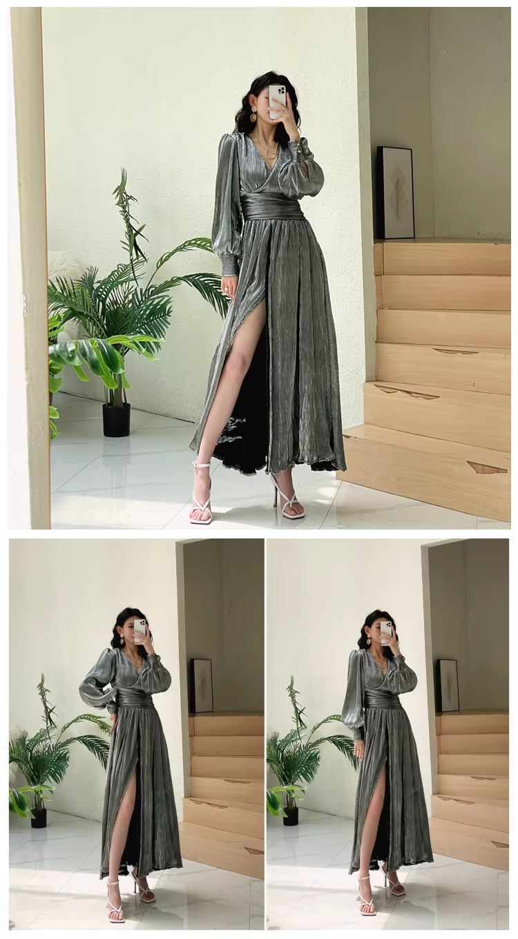 Unique Gold V Neck Satin Pleated Slit A Line Long Evening Dress Formal Wedding Guest Dress