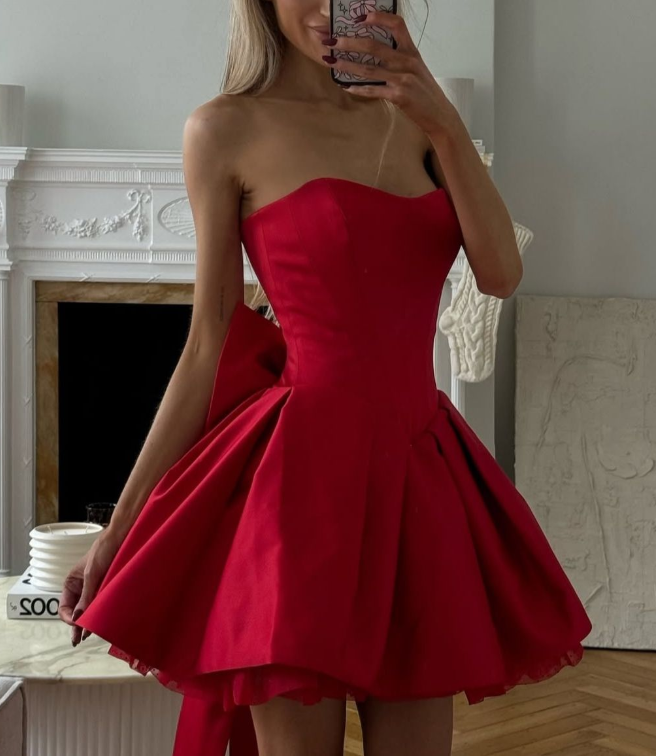 Charming Red Strapless Satin A Line Short Party Dress Formal Graduation Homecoming Dress With Bow