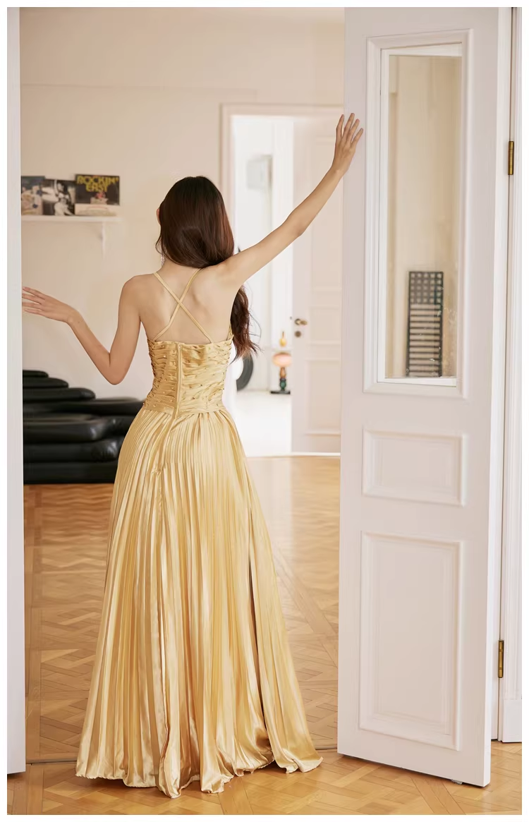 Gorgeous Spaghetti Straps Gold Satin Pleated Beaded A Line Long Evening Dress Birthday Dress