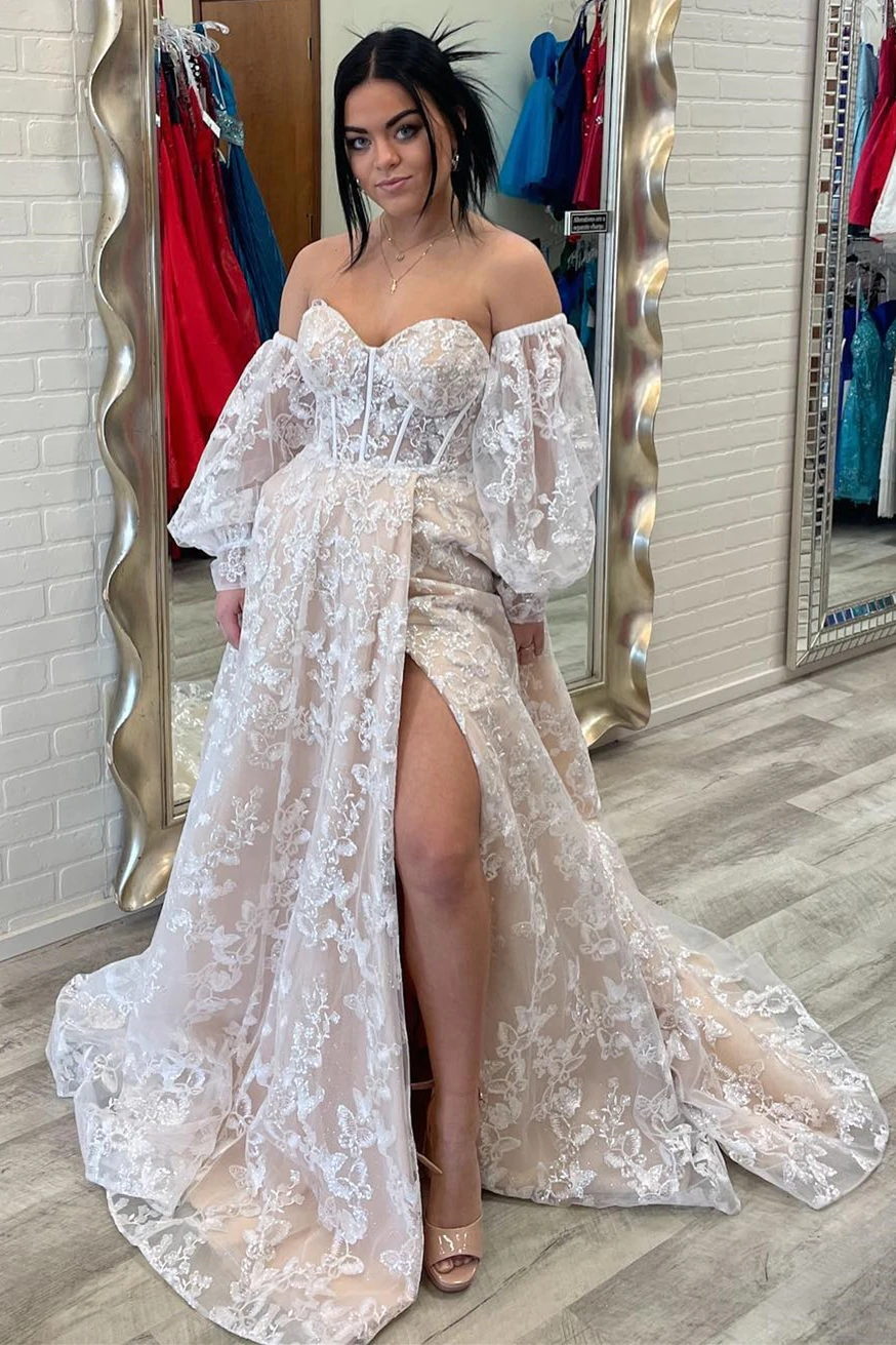 Sparkle Princess Bustier Puff Sleeve Lace Long Prom Dress Detachable Sleeves Evening Dress