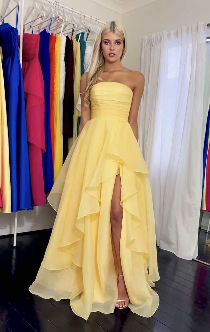 Classy Strapless Yellow Satin Tulle Slit Long Prom Dress Formal Birthday Party Dress