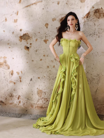 Pretty Green Strapless Chiffon Ruffled Long Evening Dress Birthday Dress