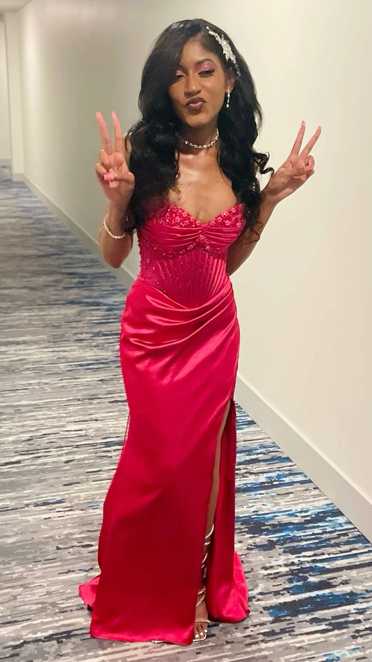 Cute Hot Pink Mermaid Slit Prom Dress Pleated Party Evening Dress