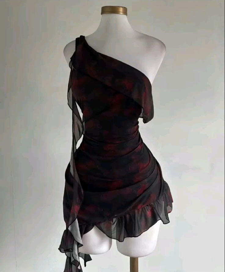 Sexy One Shoulder Chiffon Printed Ruffles Short Homecoming Dress 16th Birthday Outfits