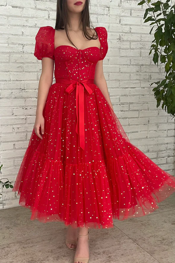 Red tulle short A line prom dress homecoming dress