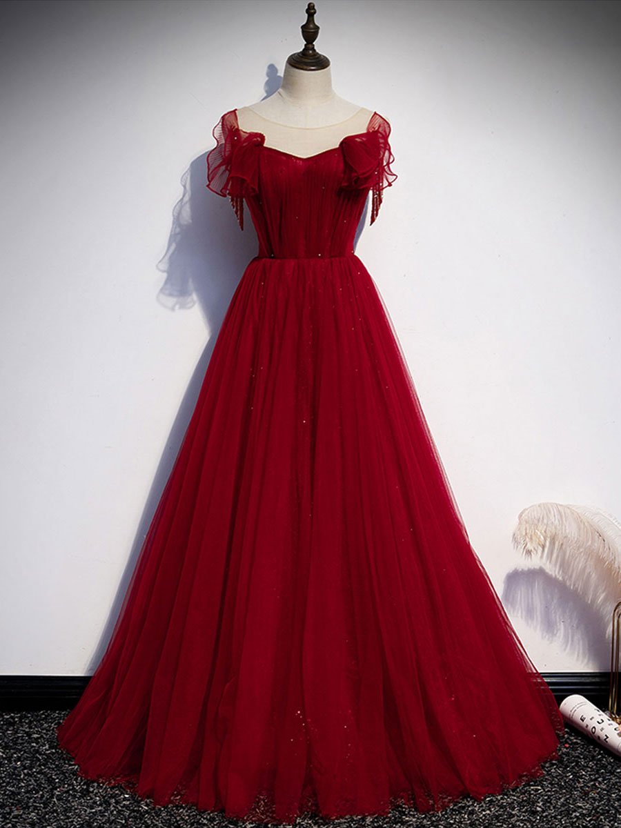 burgundy tulle round neck long prom dress burgundy evening dress