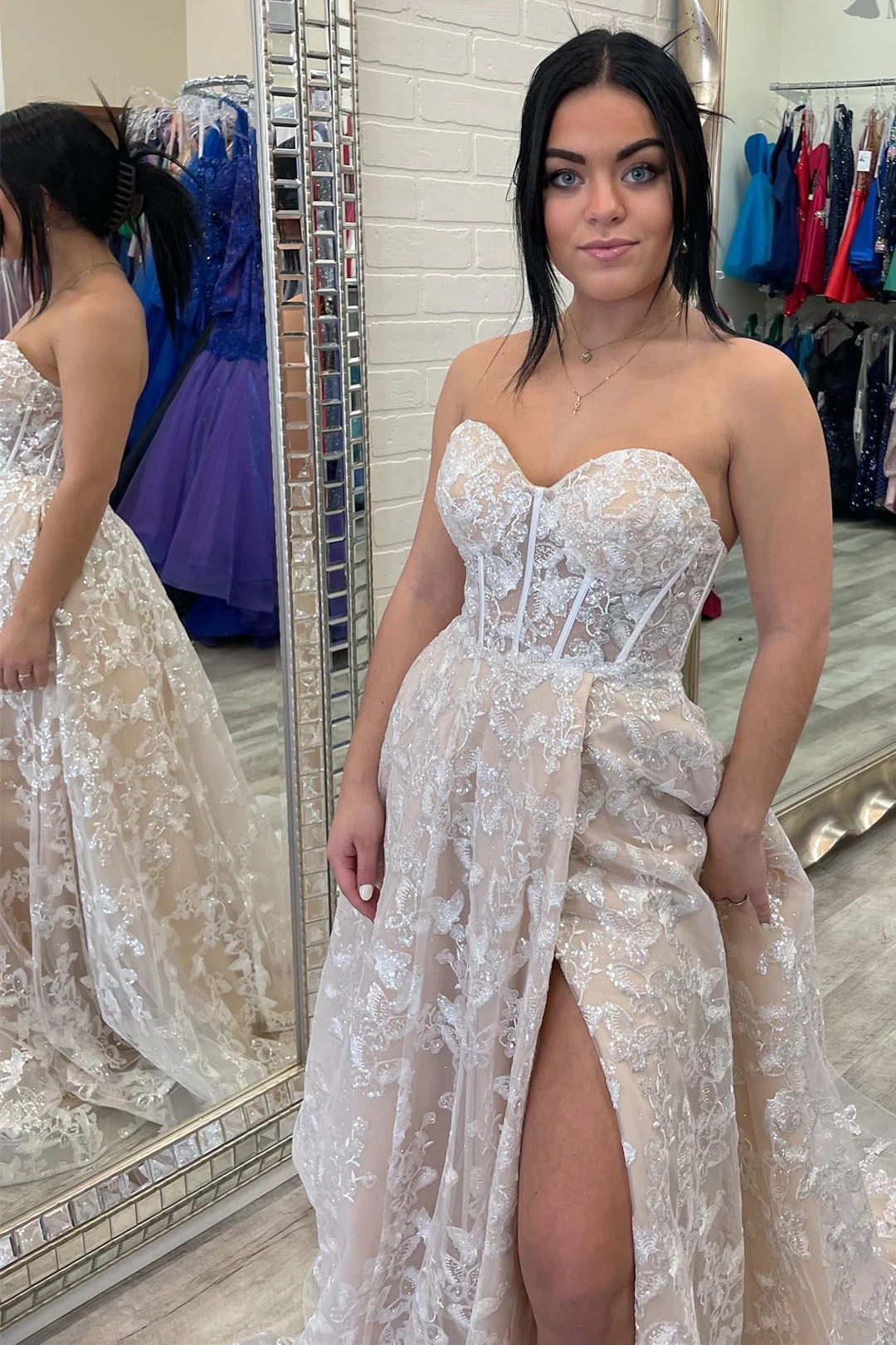 Sparkle Princess Bustier Puff Sleeve Lace Long Prom Dress Detachable Sleeves Evening Dress