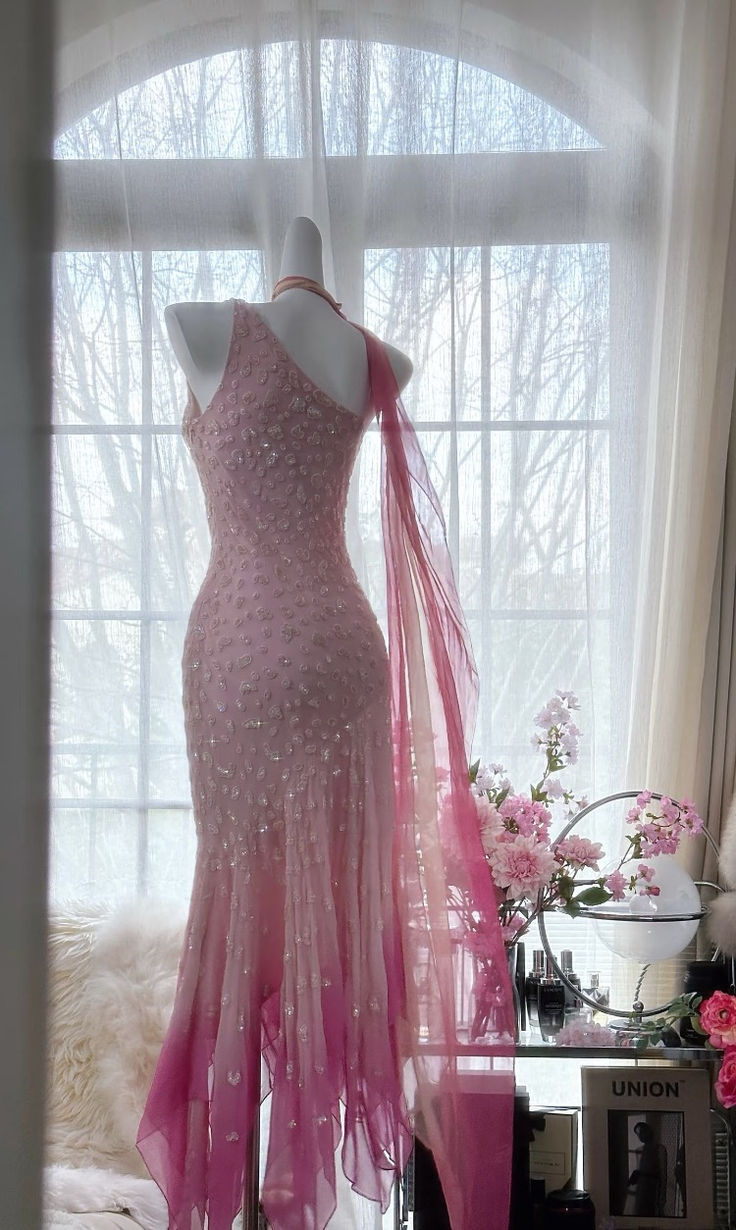 Luxury Pink Spaghetti Straps Chiffon Beaded Mermaid Evening Dress Prom Gown