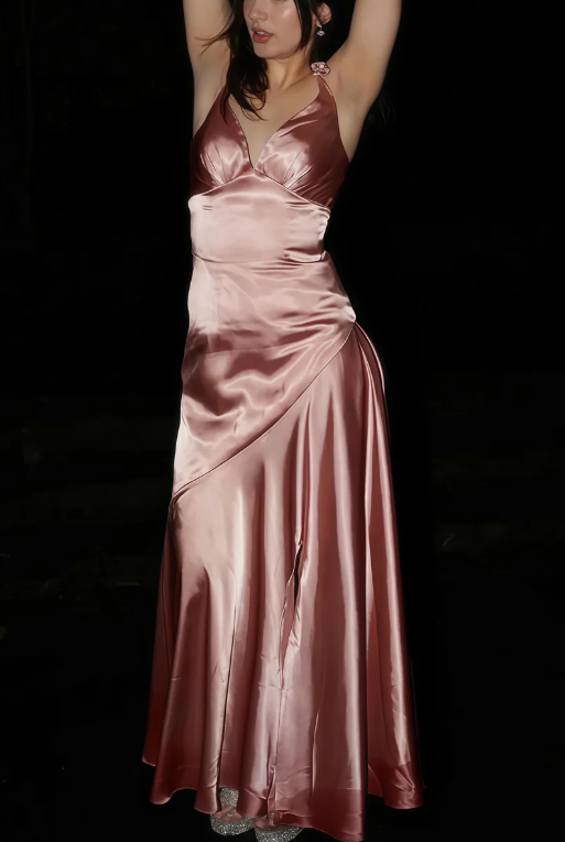 Fashion Pink V Neck Satin Slit Evening Dress Long Party Prom Dress
