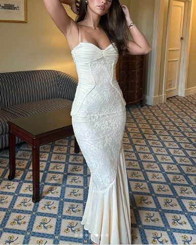 Elegant Spaghetti Straps Apricot Lace Chiffon Mermaid Evening Dress Prom Dress