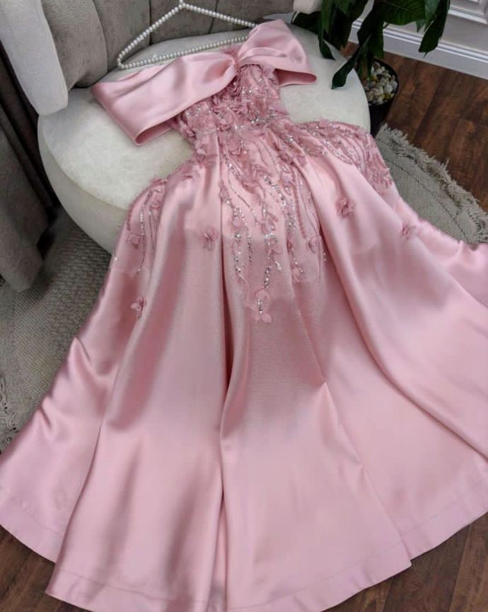 Elegant Pink Off The Shoulder Satin Beaded Appliques A Line Long Party Dress Birthday Prom Dress