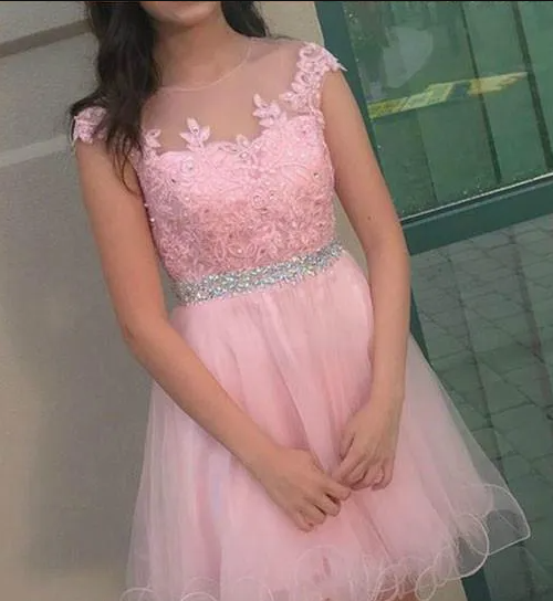 A-Line Illusion Bateau Cap Sleeves Pink Homecoming Dress with Beading