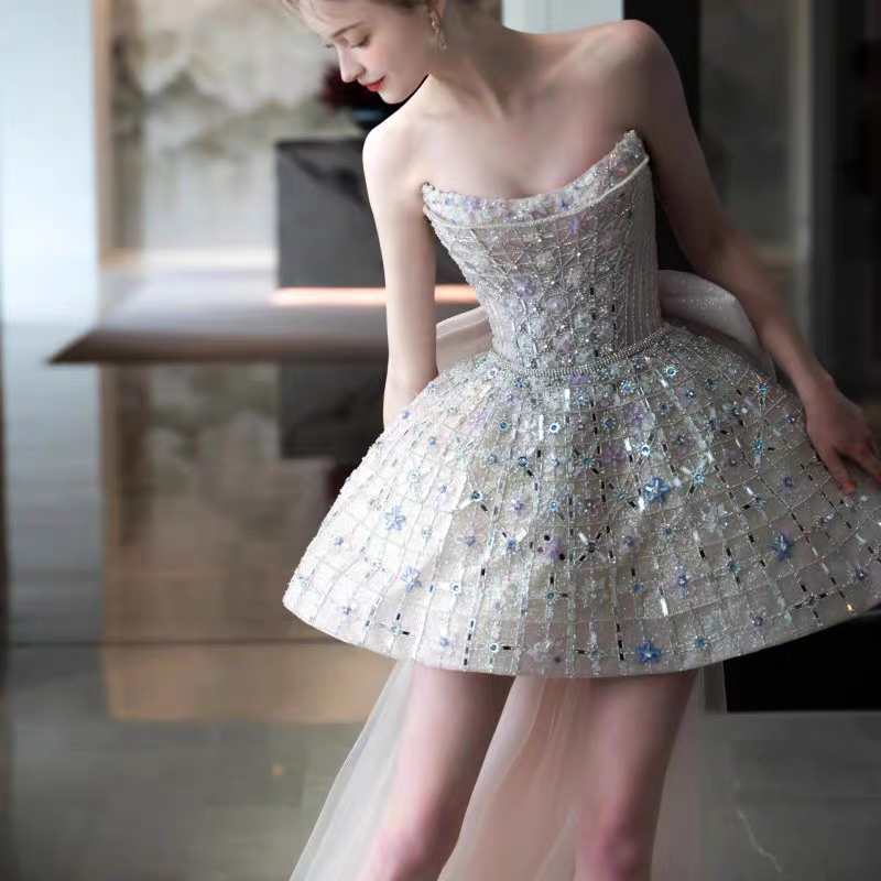 Glitter Strapless Tulle Beaded Mini Birthday Dress Pink Homecoming Dress With Bow