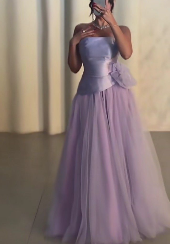 Sweet Strapless Lavender Satin Tulle A Line Long Birthday Party Dress Evening Dress
