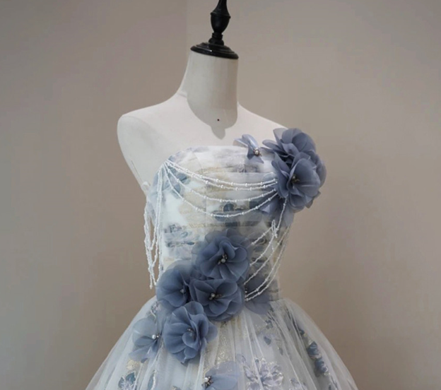Blue Tulle Flower Strapless Pleated Prom Dress Beautiful Ball Gown