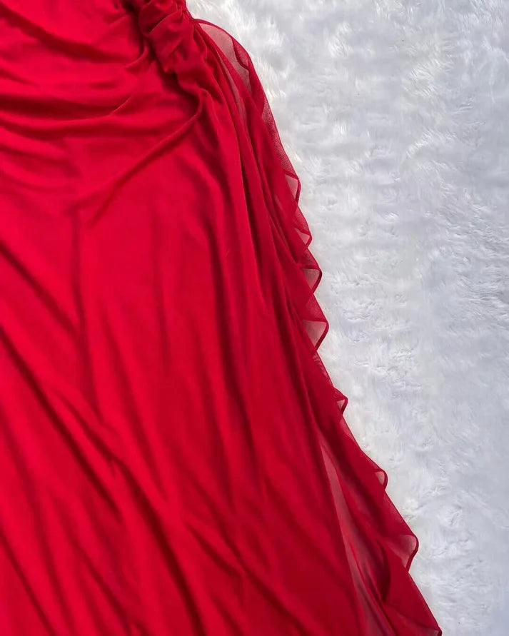 Halter Red A Line Long Prom Dresses Ruffled Evening Dresses