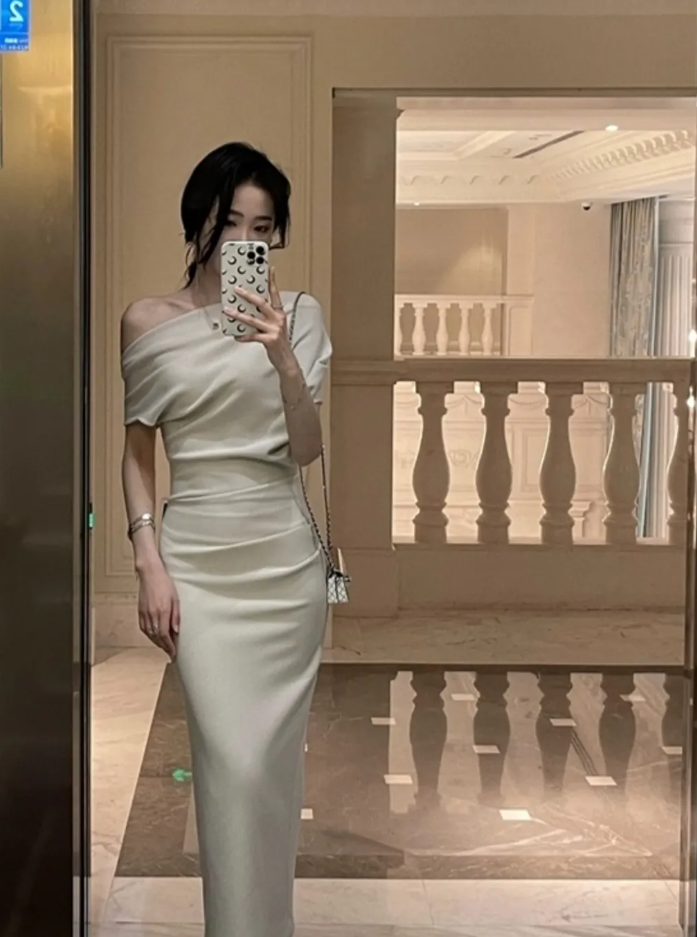Asymmetric stretch pleated dress Women Evening dress fashion party dress