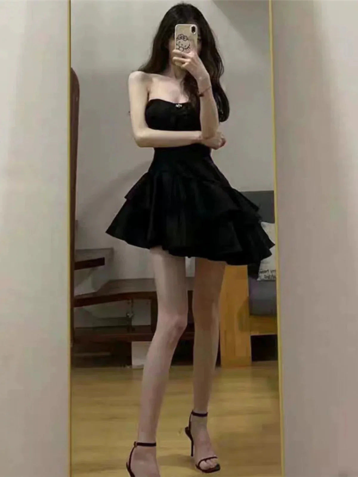 Strapless Black Satin Homecoming Dress 21st Birthday Outfit