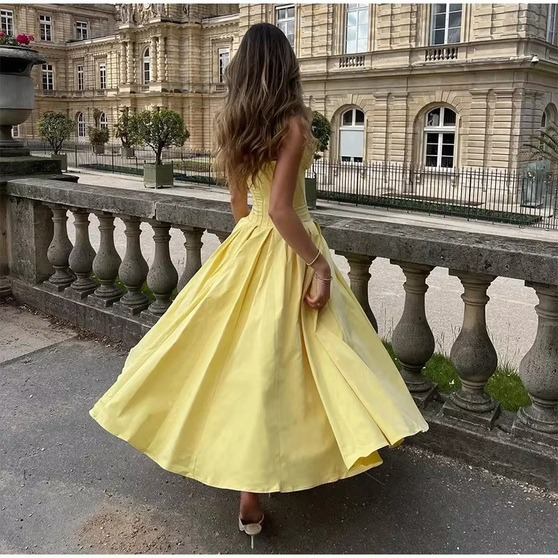 Simple Women strapless pleated maxi dress fashion sexy sleeveless A-line party dress Evening Dress