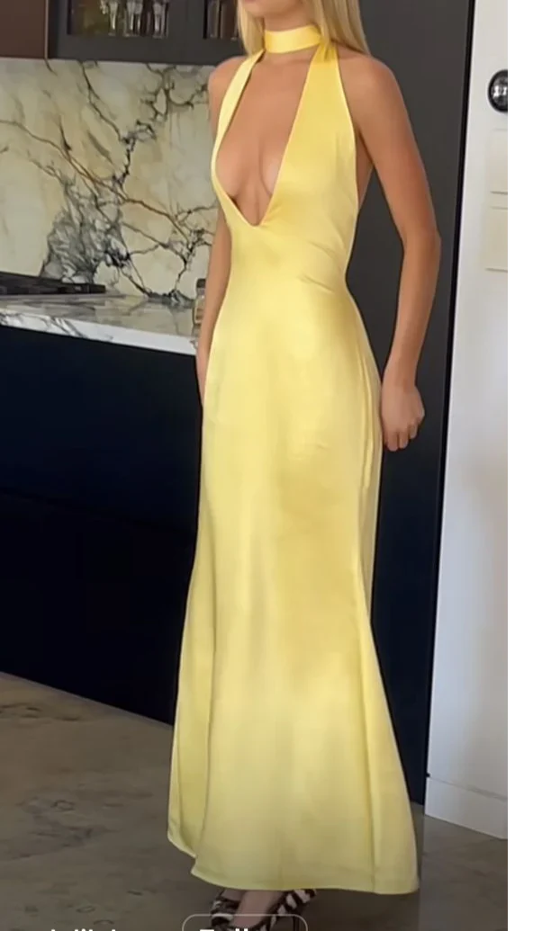 Yellow Deep V Neck Backless Sheath Long Party Dress Prom Dresses