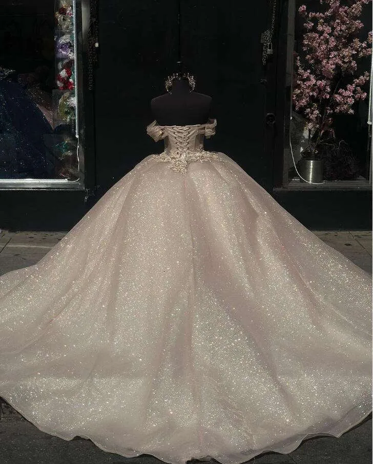 Shimmering Champagne Princess Quinceanera Dress with Off-the-Shoulder Glitter Corset for Sweet 16 Prom