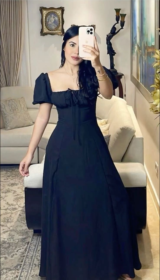 A-line Long Party Prom Dress with Puff Sleeves
