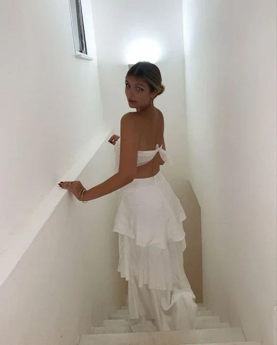 Elegant Two Pieces Strapless Long White Tiered Prom Dress Birthday Outfits