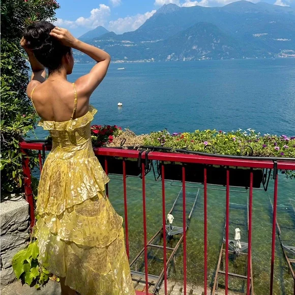 Unique Spaghetti Straps Lemon Yellow Tiered Long Prom Dress Sexy Party Evening Gown