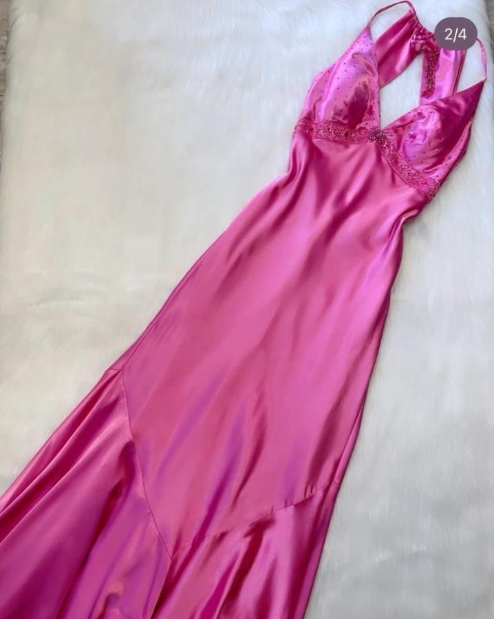 hot pink prom dress Vintage V Neck Long Party Dress