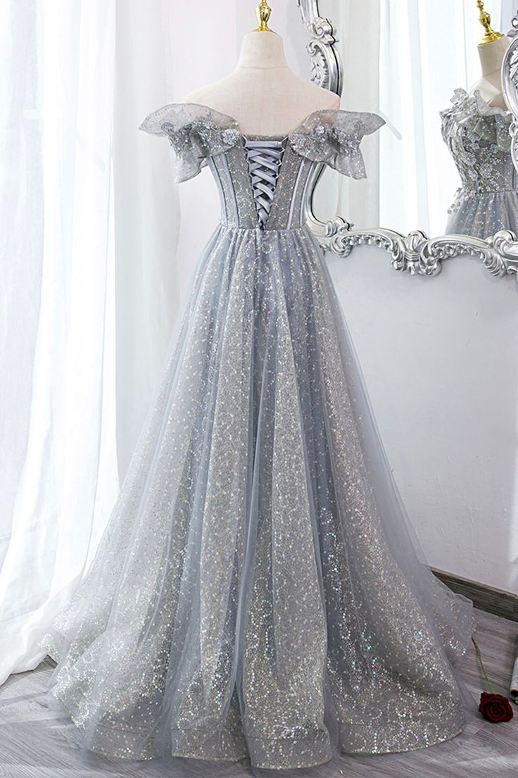 Tulle Lace Long Prom Dresses, A-Line Sequins Evening Dresses