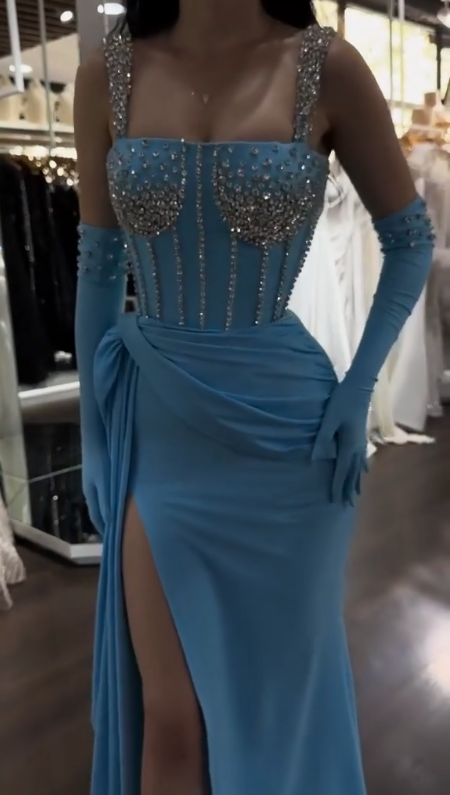 Blue Sparkly Sexy Long Prom Dress Formal Evening Dress