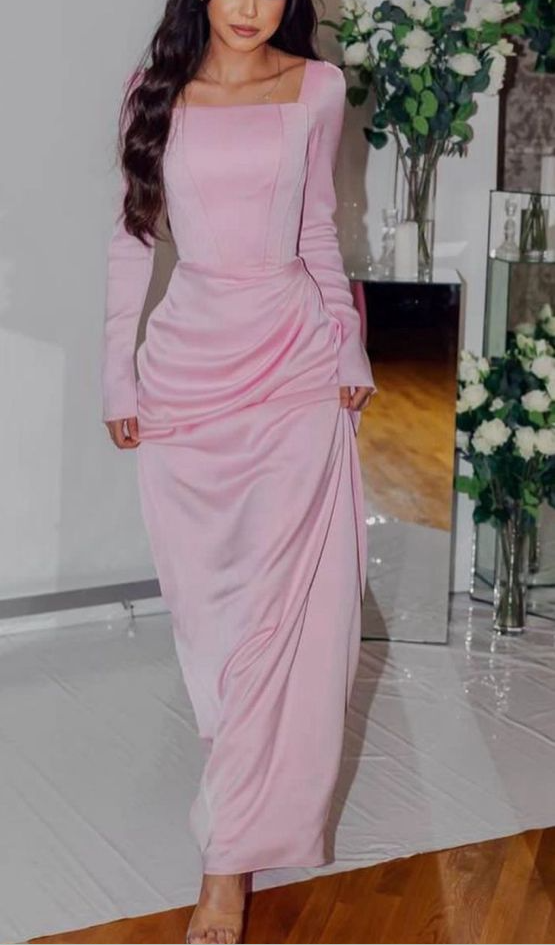Classy Pink Square Neckline Evening Dress with Long Sleeves